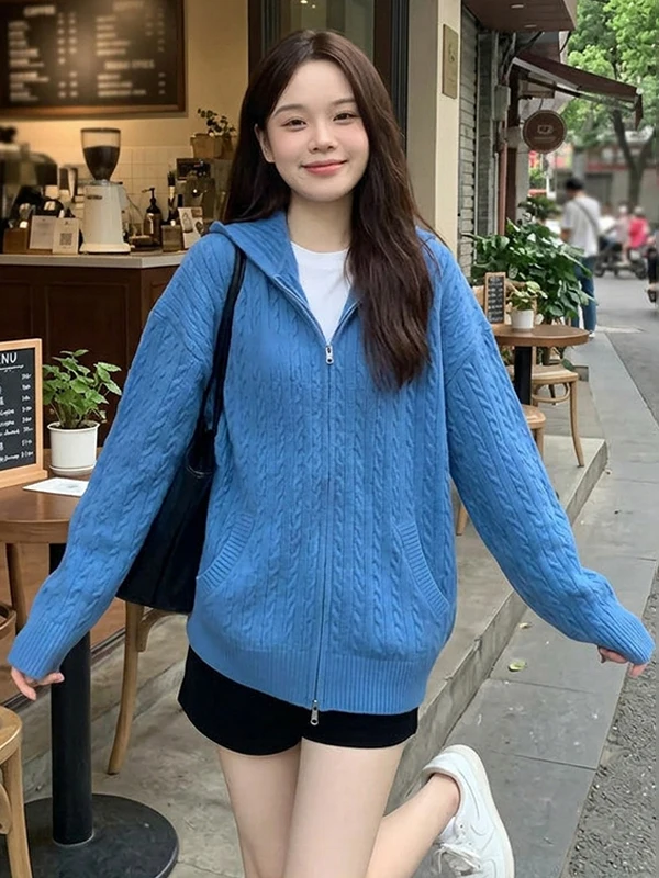 

Синий вязаный кардиган с капюшоном для женщин, весна 2026, свободный крой, универсальный, мягкий, средней толщины, тонкий трикотаж