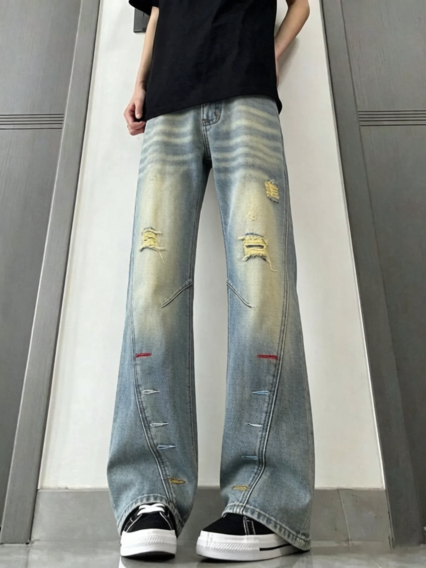 Men's Distressed Denim Jeans with Embroidery Micro Flare American High Street Design Sense Slanted Cut like a Curved Knife