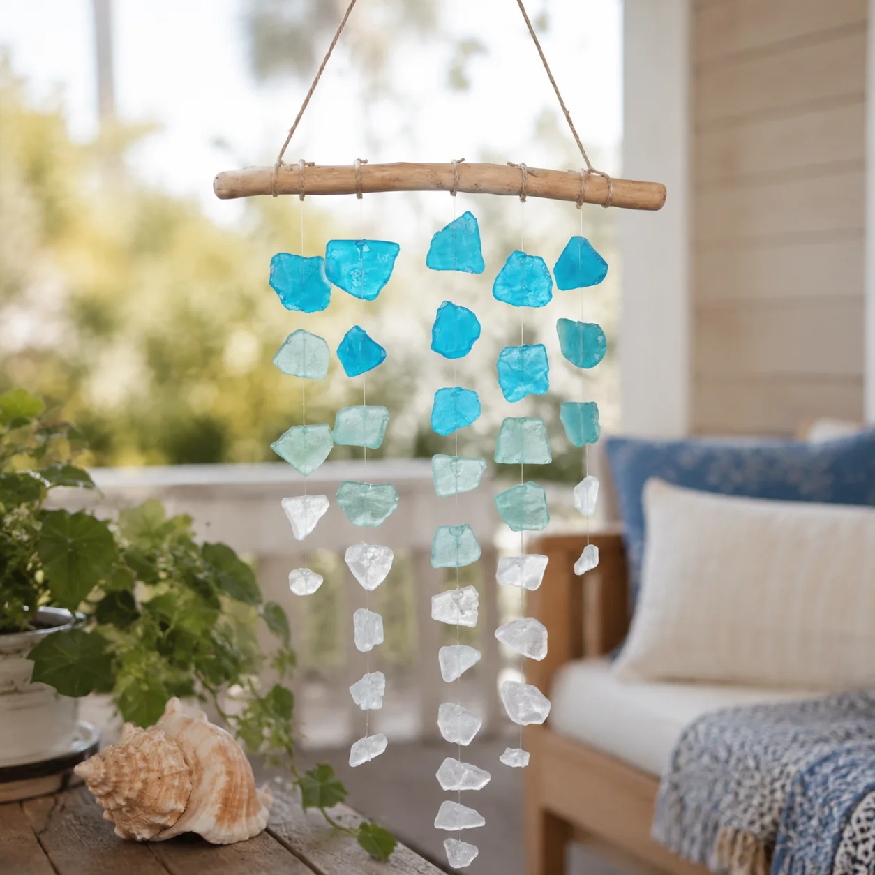 Sea Glass and Driftwood Wind Chime Bohemian Handmade Hanging for Garden Patio Porch Home Decor Nautical Boho Windchime Gift
