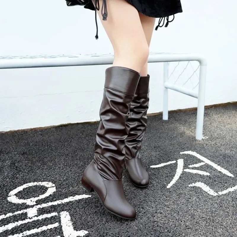 2024 autumn and winter new European and American long leg women's boots, low heel high leg women's oversized leather boots