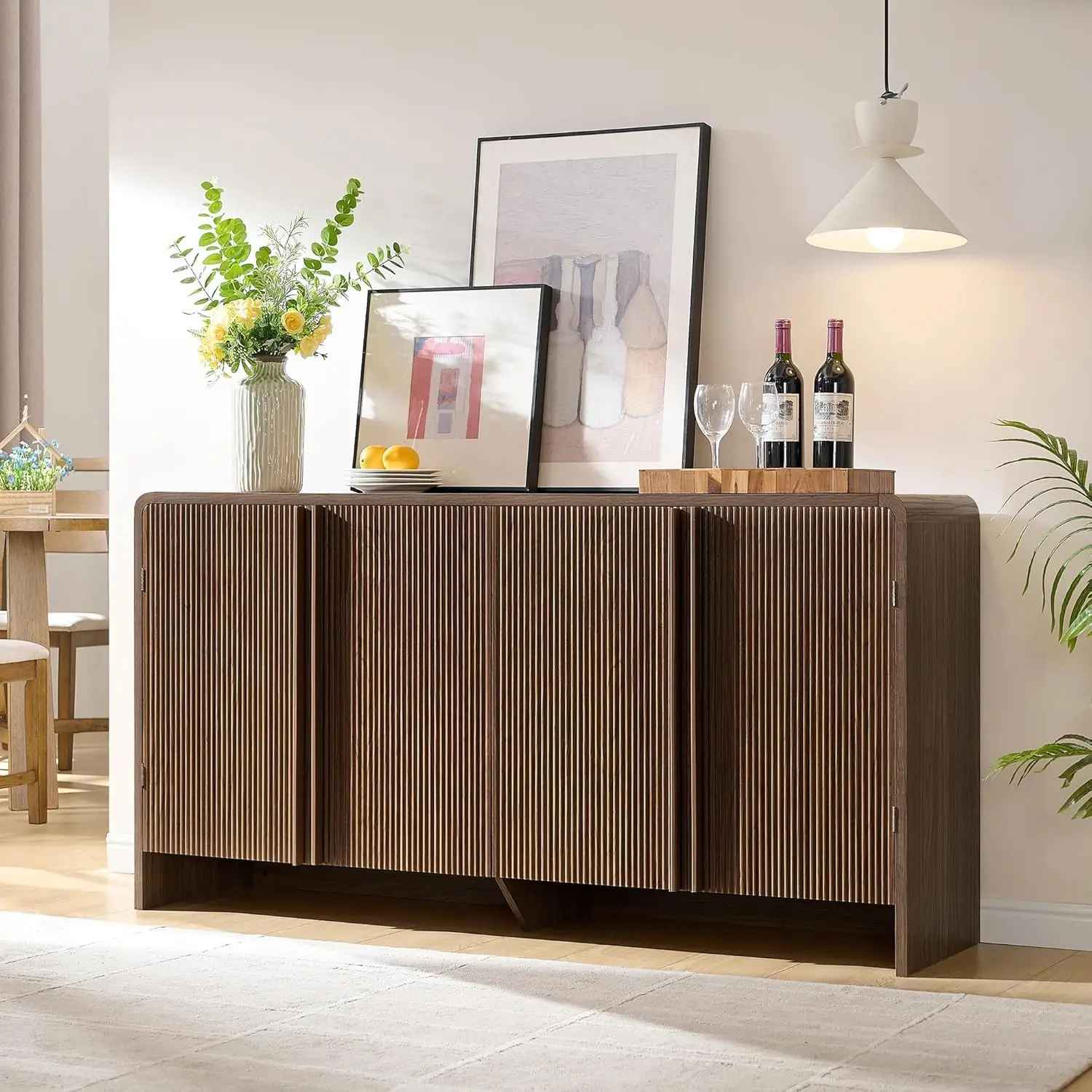 

63" Fluted Sideboard Buffet Cabinet with Storage, Modern Credenza Console with 4 Doors & Adjustable Shelves, Wood, Customized