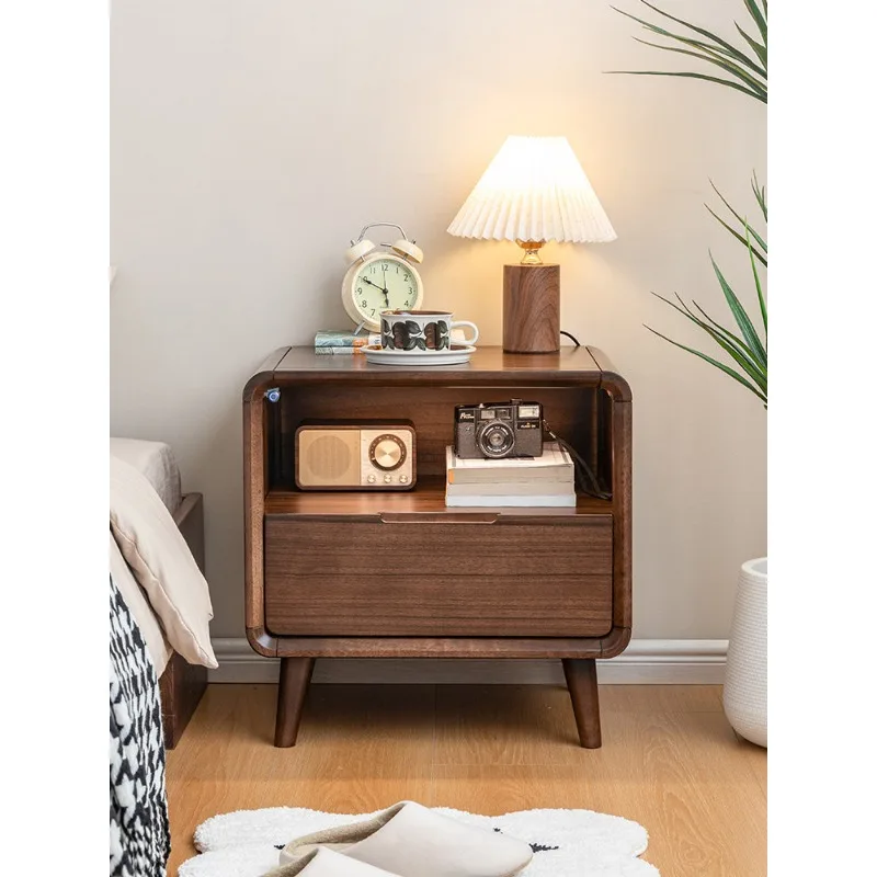 Nordic black walnut bedside table touch-sensitive night light simple light luxury bedside table all solid wood storage locker