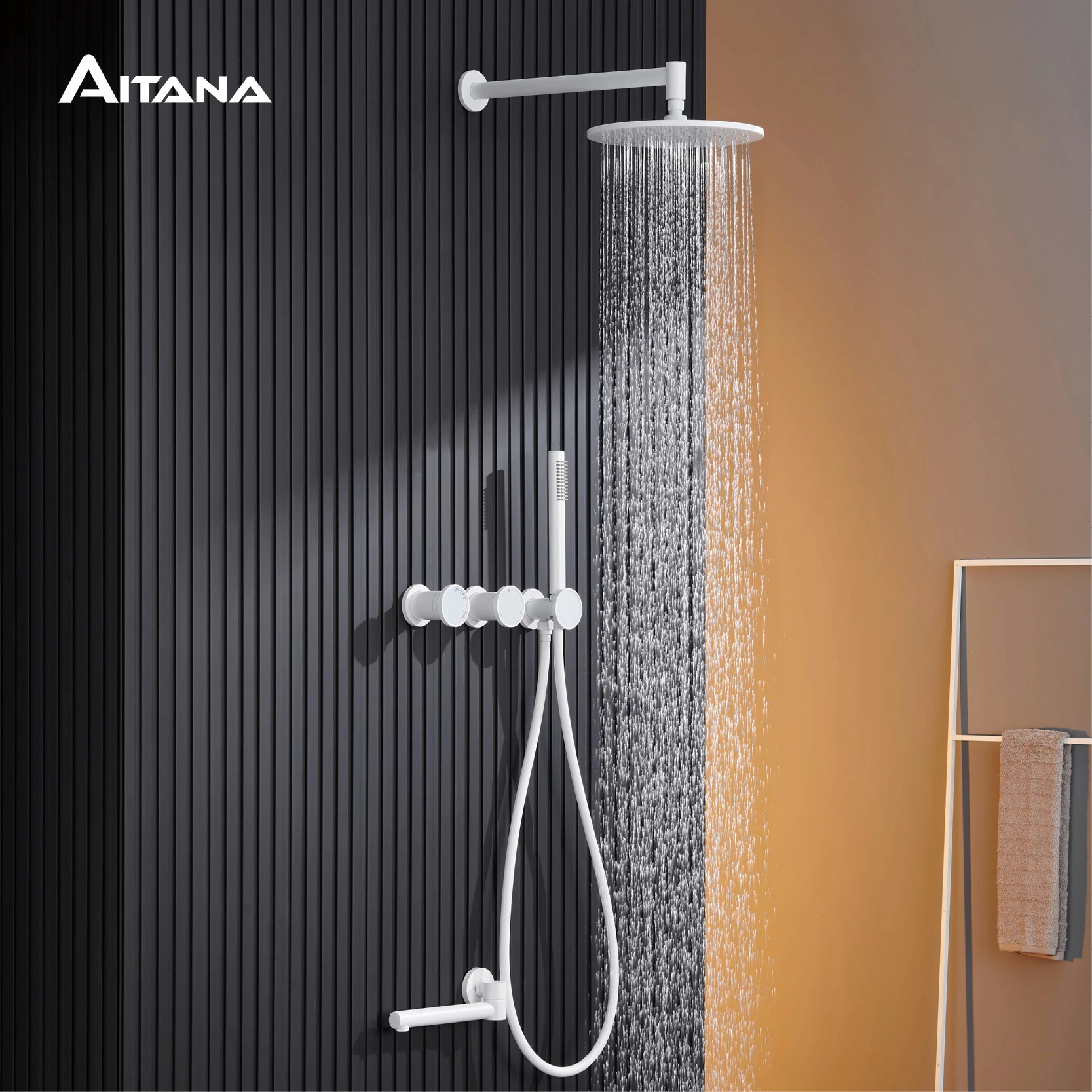 Simple wall mounted brass shower system with white concealed design, dual handle Cold & Hot dual control 3-function bathroom Tap