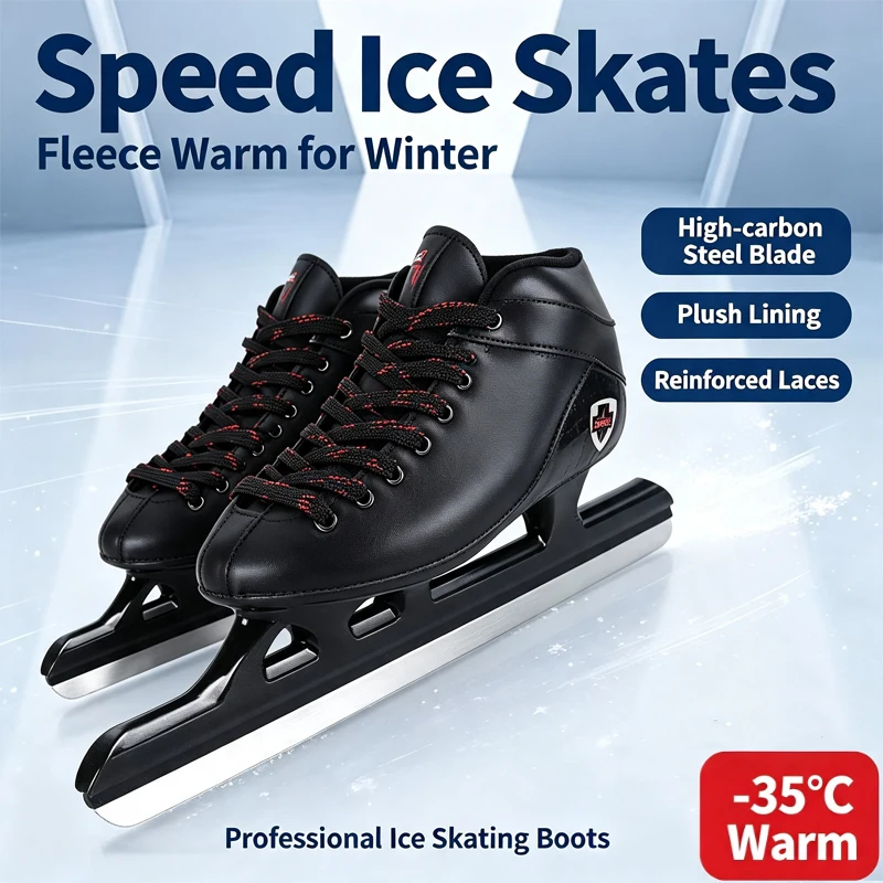Speed Ice Skates for Adults Fleece Lined Warm Ice Skating Shoes Hard Shell Synthetic Leather Ice Blades Racing Skates Unisex