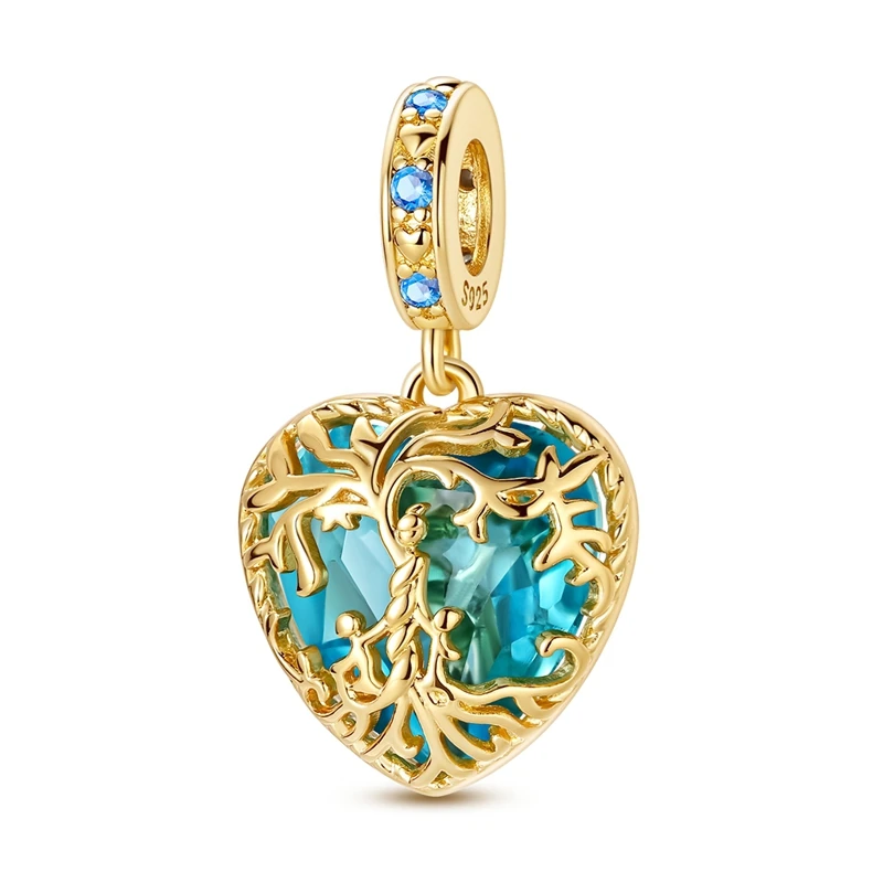 Vergoldete blaue Herz-Familienbaum-Anhänger, Familienperlen, passend für 925er Sterlingsilber-Charms, Armband, Schmuck, Geschenke für Frauen