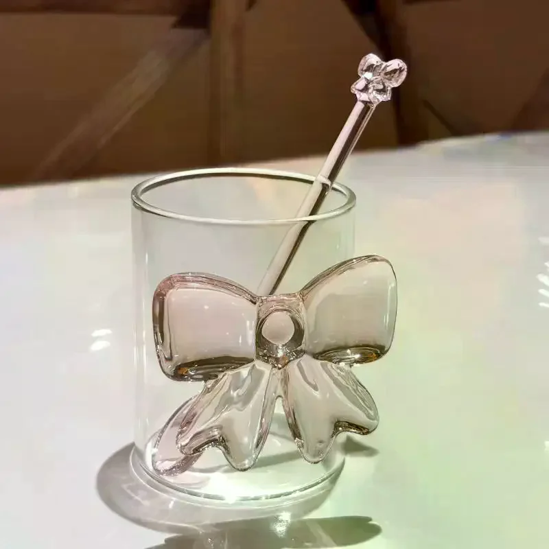 Long Handle Glass Coffee Spoon Exquisite Pink Bow Decor Heat Resistant Dessert Mixing Spoon Household Drinkware Tool
