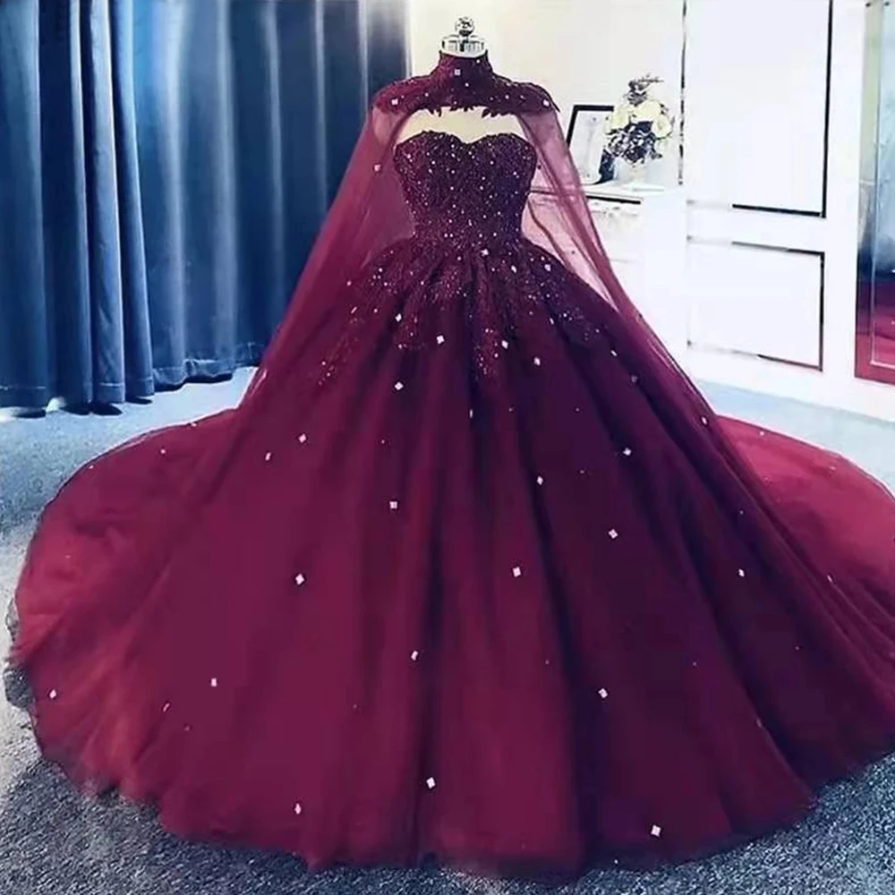 Ballkleid Prinzessin Abend Nacht Kleider Cape Schatz Perlen Spitze Tüll Prom Formale Party Kleider Hochzeit فساتين السه Quinceane