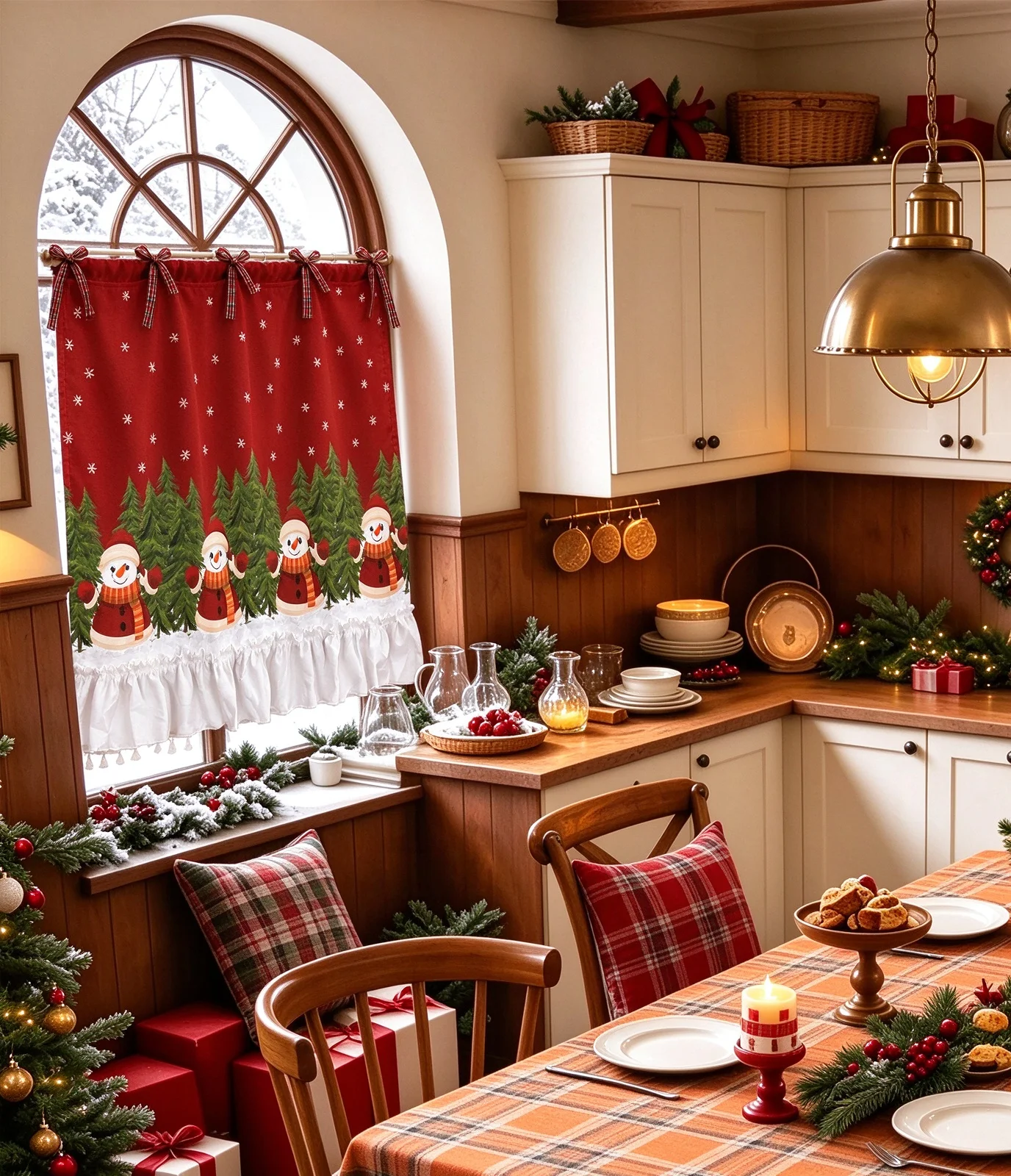 1PC Christmas Tree Ruffled Half Curtain, Farmhouse Plaid Bow Window Curtain, Decor Curtain for Cabinet Oven Kitchen Window