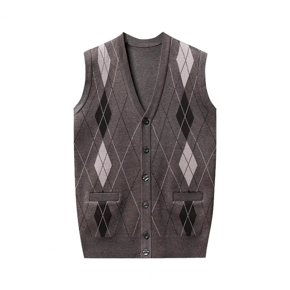 Single-breasted Cardigan Stylish Men's V-neck Sleeveless Cardigan Vest with Buttons Pockets Mid-aged Male Top for Autumn Winter