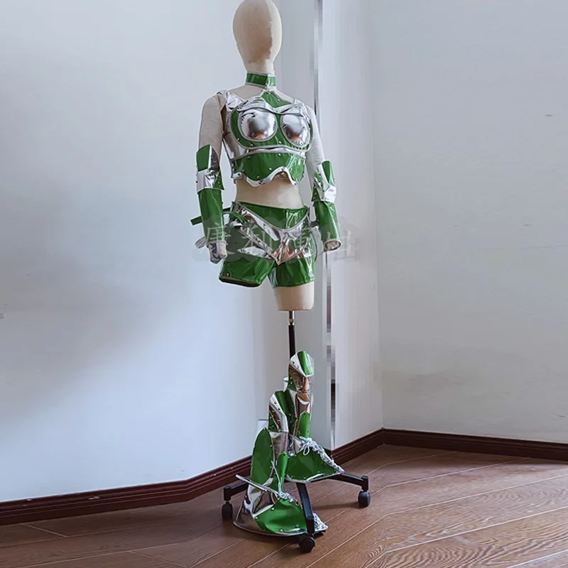 مرحلة مستقبلية الزي الفضة الأخضر الشعور بالتكنولوجيا أداء الزي المحاصيل الأعلى مجموعة تي شيرتات قصيرة للأطفال سحب الملكة جوجو Dancewear yj020