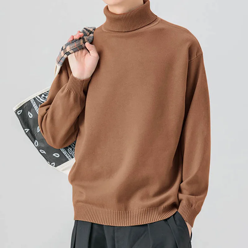 Men Knitted Fabric Turtleneck Sweater Male Korean Style Baggy Long Sleeve Pullovers Comfortable Casual Versatile Tops