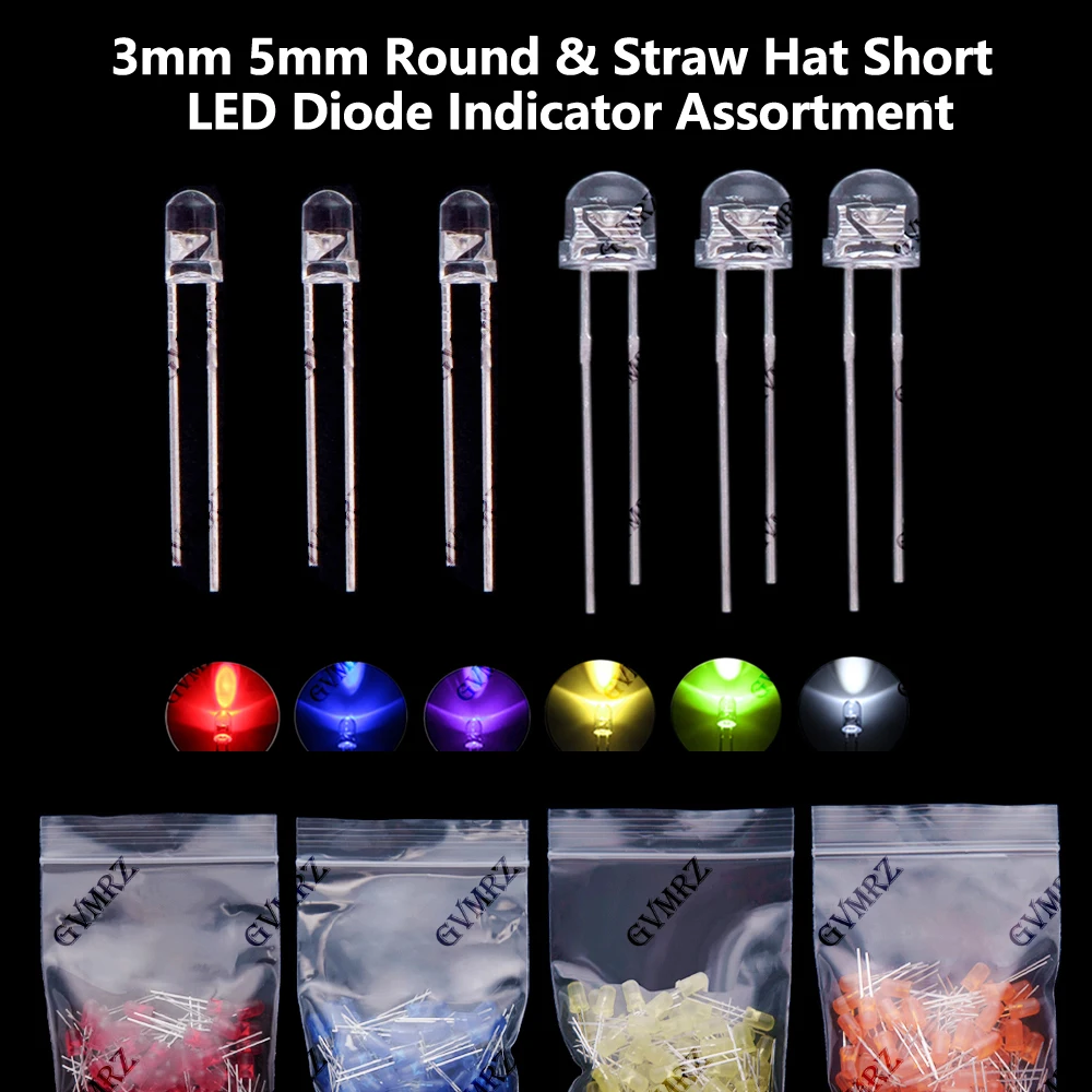 100PCS Red/Green/Purple/ Red 3mm 5mm  Round & Straw Hat Short Lead Multiple Colors LED Diode Indicator Assortment