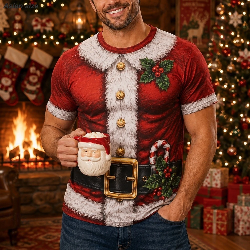 Santa Claus Costume 3D Print Men T‑Shirt Christmas Holiday Short Sleeve Crew Neck Tees