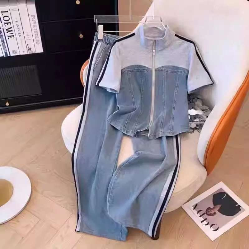 

Summer New Zipper T-shirt top Female Set Elegant Women's Jeans Casual Blouse Two Piece Set Ladies Tracksuits 2025