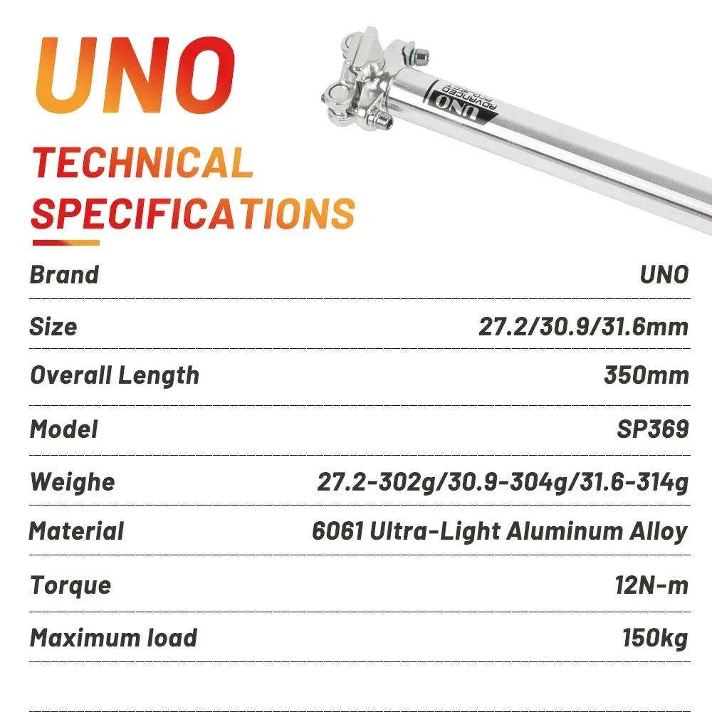 UNO-tija de sillín plateada para bicicleta de carretera, tija de sillín de aleación de aluminio, tubo de asiento para bicicleta de montaña, 25,4/27,2/30,9/31,6