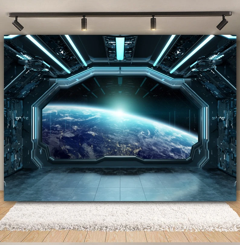 Spaceship Interior Backdrop Universe Space Spacecraft Window Planet Earth Exploration Science Photography Background Photo Props