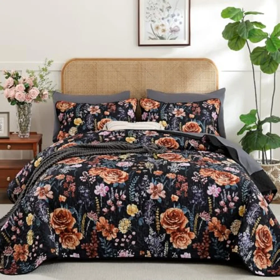 

Черный комплект постельного белья Queen Size, 3 предмета, с красным ботаническим цветочным узором из листьев, мягкий, легкий, из микрофибры, покрывало
