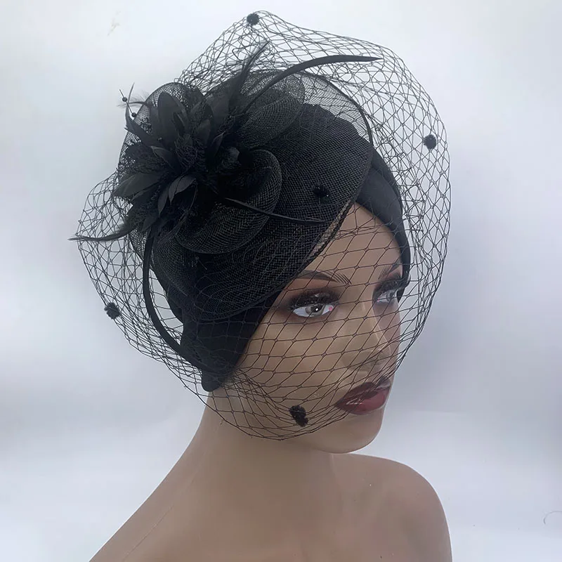 2023 New Retro Feather Flower Turban Cap with Veil Elegant Women's Party Hat Muslim Headscarf Bonnet Ladies Head Wrap Turbante