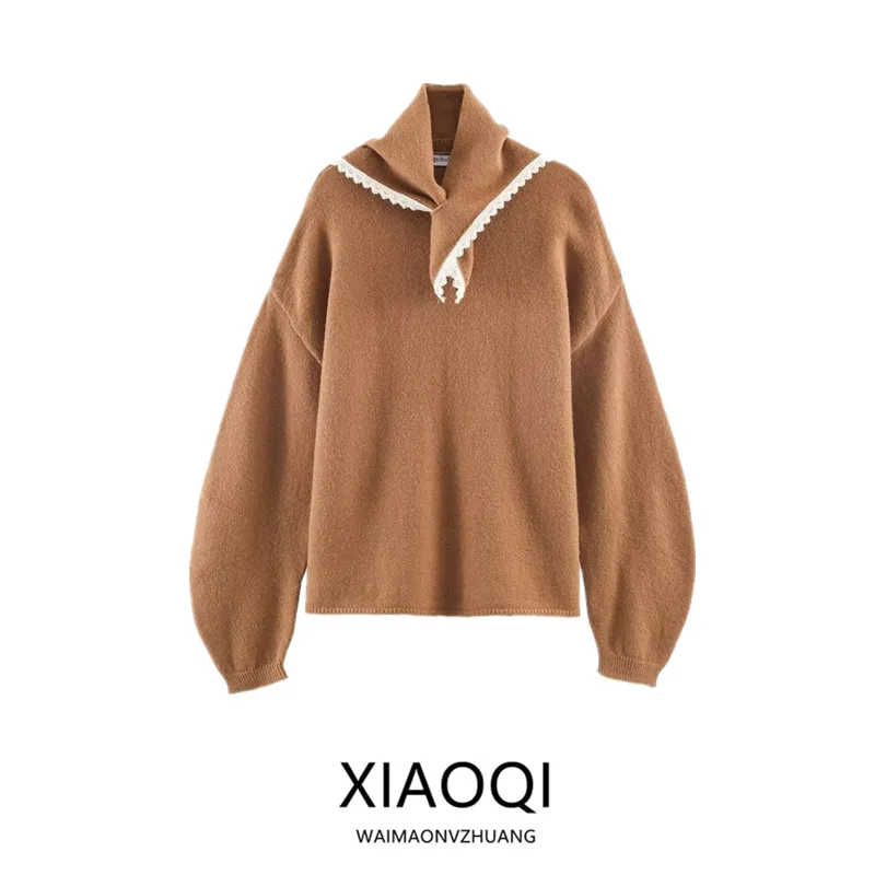 

Новинка зимы 2022, женский вязаный свитер Faion Long Sve round Ne с кружевной отделкой, универсальная трикотажная одежда для поездок на работу