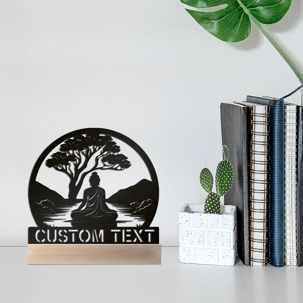 1pc Abstract Buddha, small rivers and big trees Customized Name Metal Statue With Wood Base Metal Ornament  Metal Sculpture