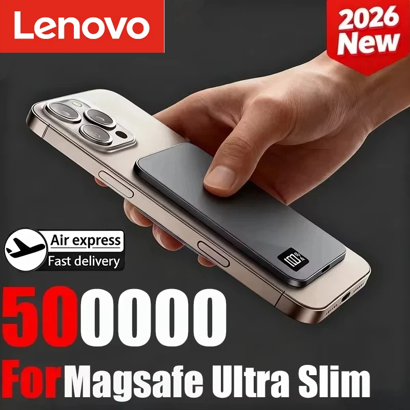 Lenovo Ultra-thin 500000mAh Mobile Power Bank For MagSafe Magnetic Wireless Fast Charge Portable LED Display For iPhone Xiaomi