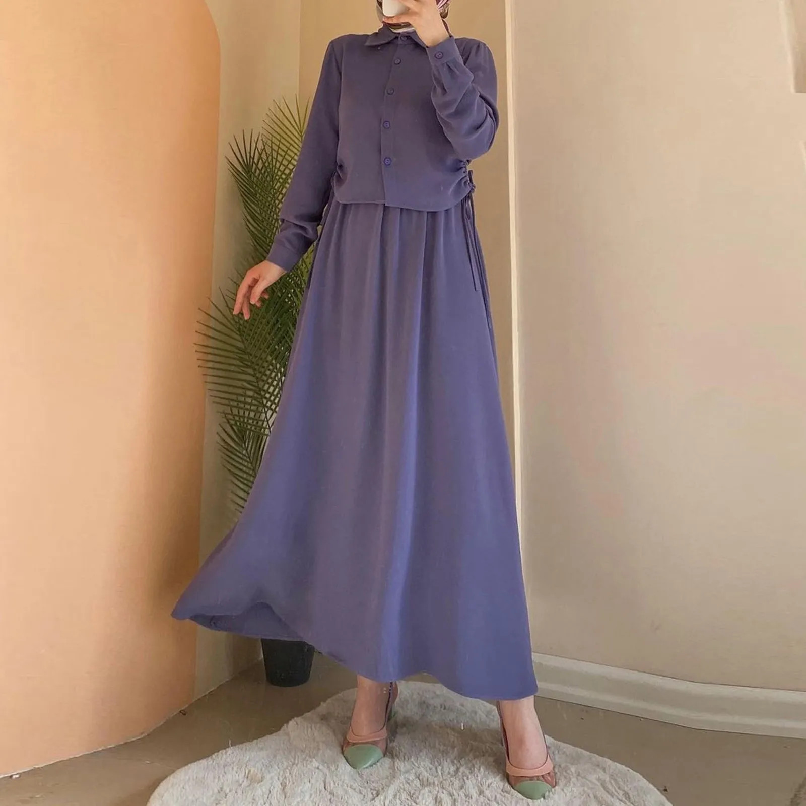 

Eid Ramadan Women Muslim Suit Two Piece Sets Vintage Islamic Musulman Casual Long Sleeve Blouse +Skirt Suits Muslim Clothing