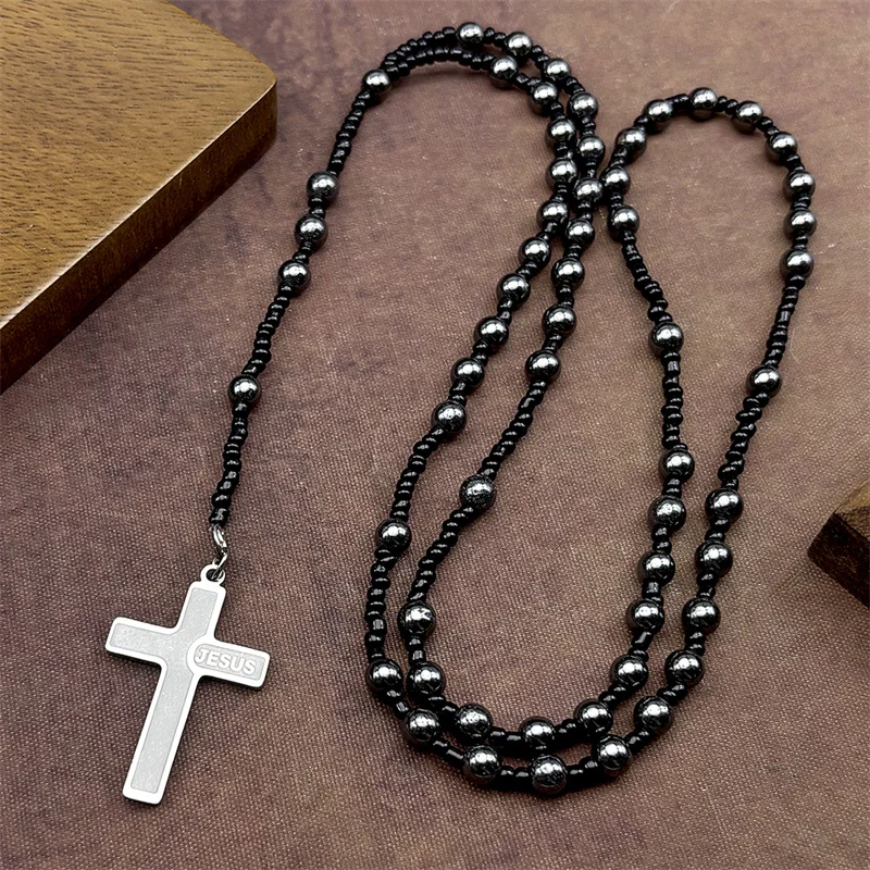 

Stainless Steel Christian JESUS CROSS Pendant Necklaces for Women Men Black Color Prayer Beads Hematite Chain Necklace Jewelry
