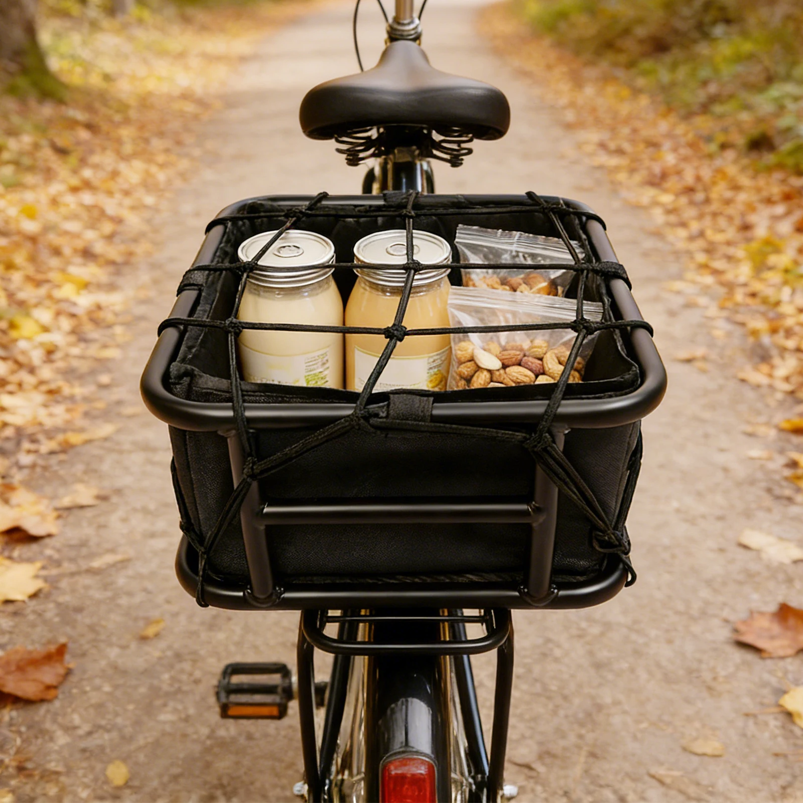 

Black Iron Oxford Cloth Rear Bike Basket, 60LBS Load Capacity With Liner And Luggage Net For Daily Commute Shopping