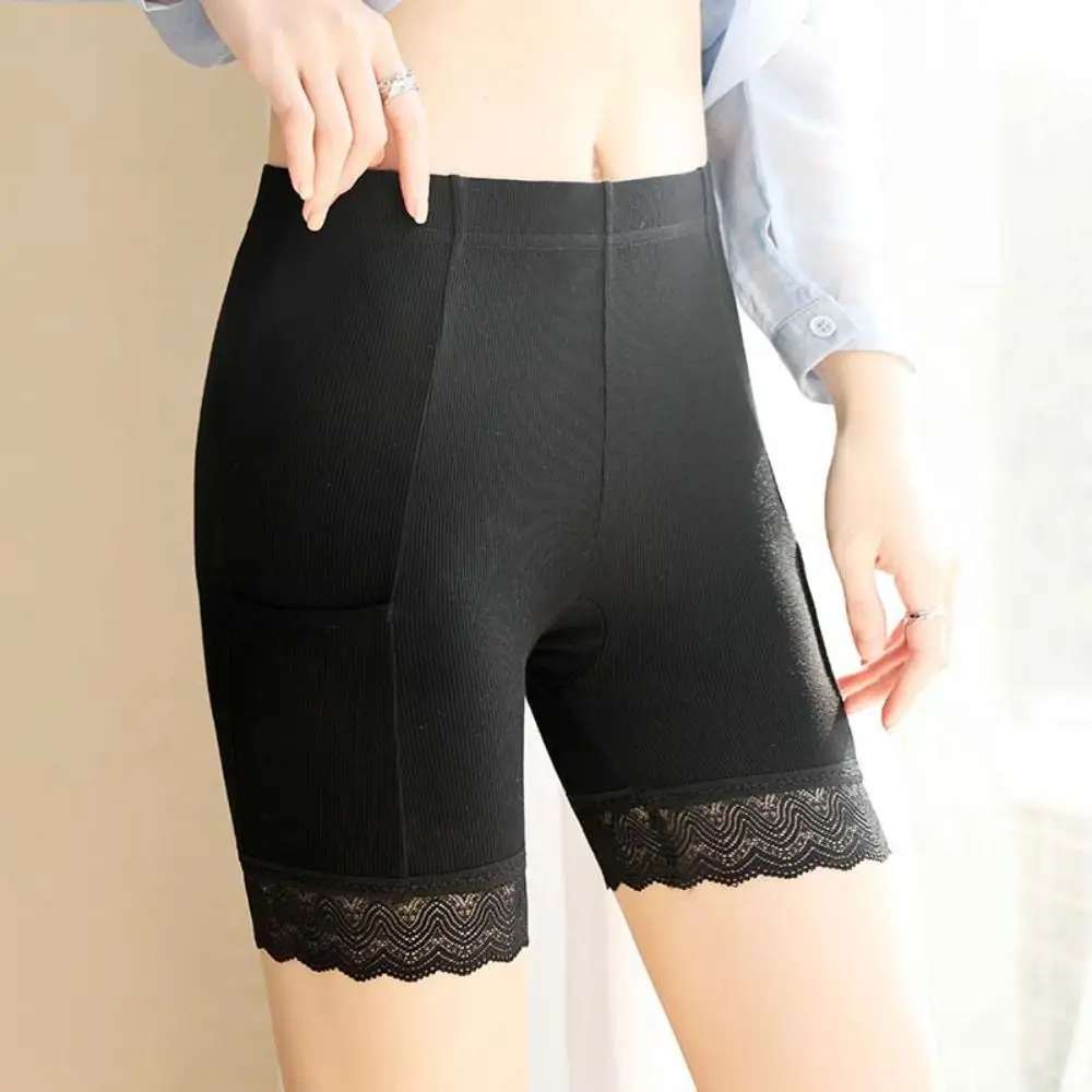 Patchwork Lace Safety Pants with Pocket Slim Fit Underpants Summer Lace Safety Shorts Underwear Elastic Lace Anti-glare Pants