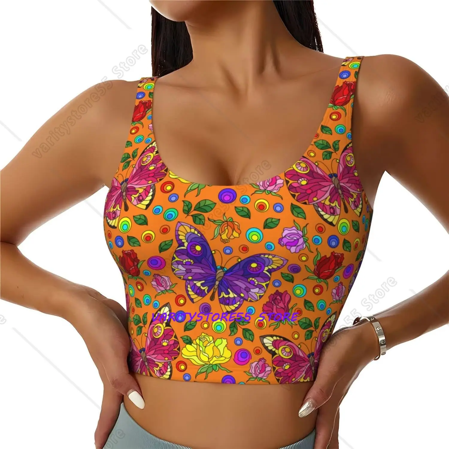 Butterfly Women's Sports Bra Yoga Crop Gym Tank Tops U Back Exercise Workout Top Removable Pads Fitness Outfit Sleeveless Shirt
