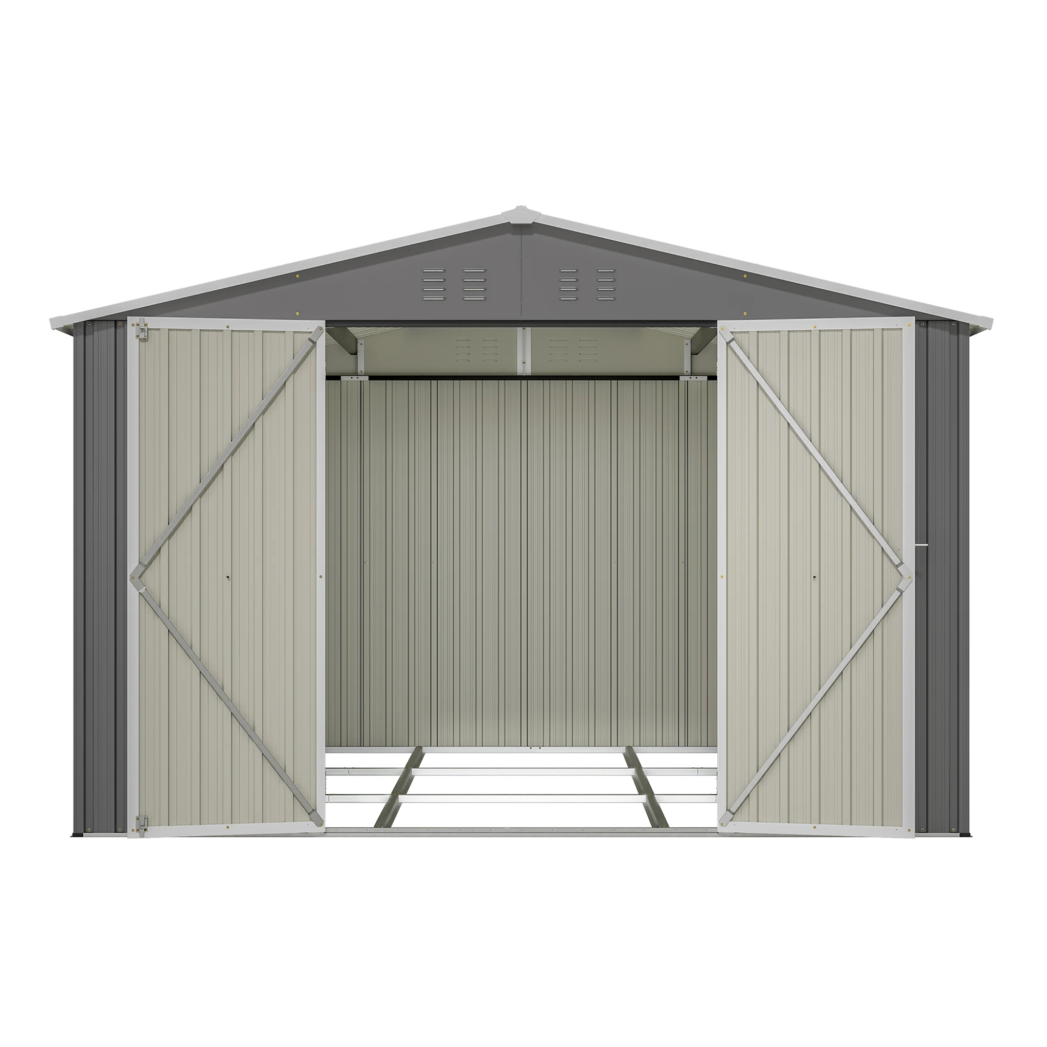 289×300×200cm Robuster Metall-Geräteschuppen mit Bodenrahmen, Grauer Wetterbeständiger Stahlgartenschuppen, Abschließbare Türen für Sicherheit und einfachen Zugang, Feuchtigkeitsbeständiges
