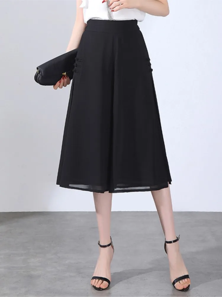 Rok Celana Capris Sifon Wanita Celana Panjang Kaki Lebar Elegan Antik Kasual Pinggang Tinggi Elastis Longgar Keren Wanita Musim Panas