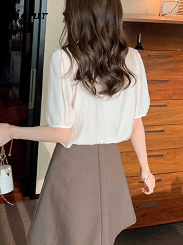 Jielur Summer New Korean Loose Women Shirt Slim Solid Color Sweet Ladies Shirt Woman Apricot Elegant V-neck Chiffon Top Female