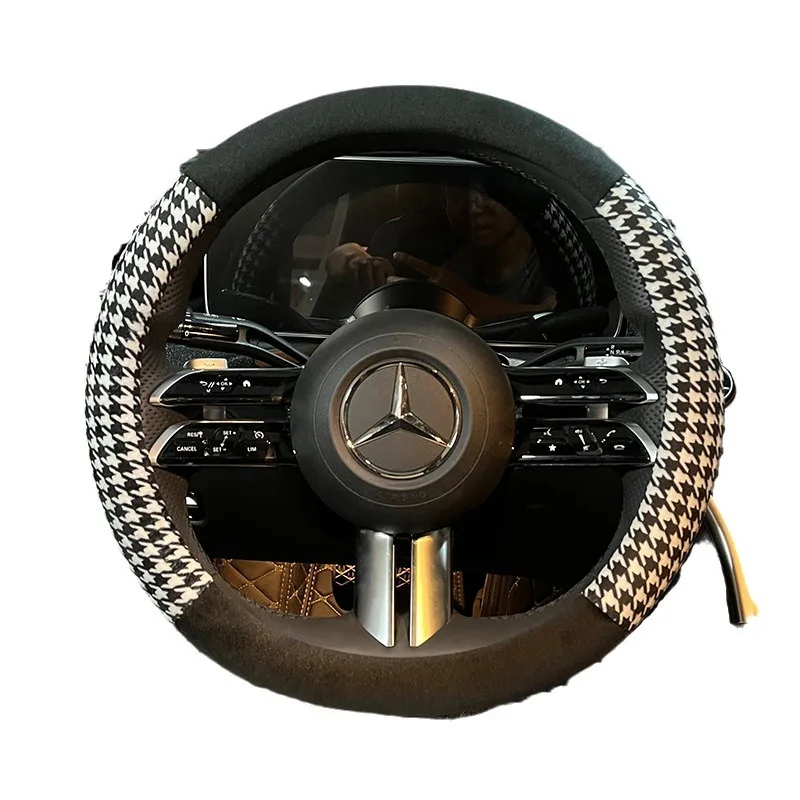 New winter plush thousand bird grid car steering wheel cover winter plush warm non-slip handlebar cover