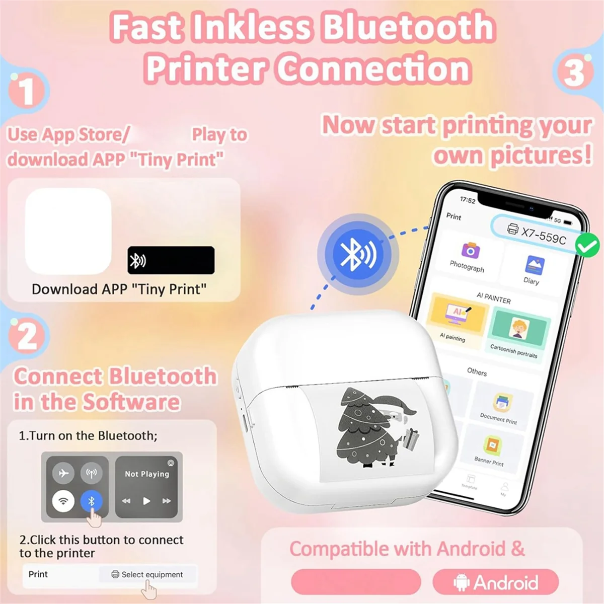 

Популярный мини-портативный принтер: беспроводной карманный бесчернильный термопринтер Bluetooth, устройство для изготовления наклеек с 5 рулонами бумаги