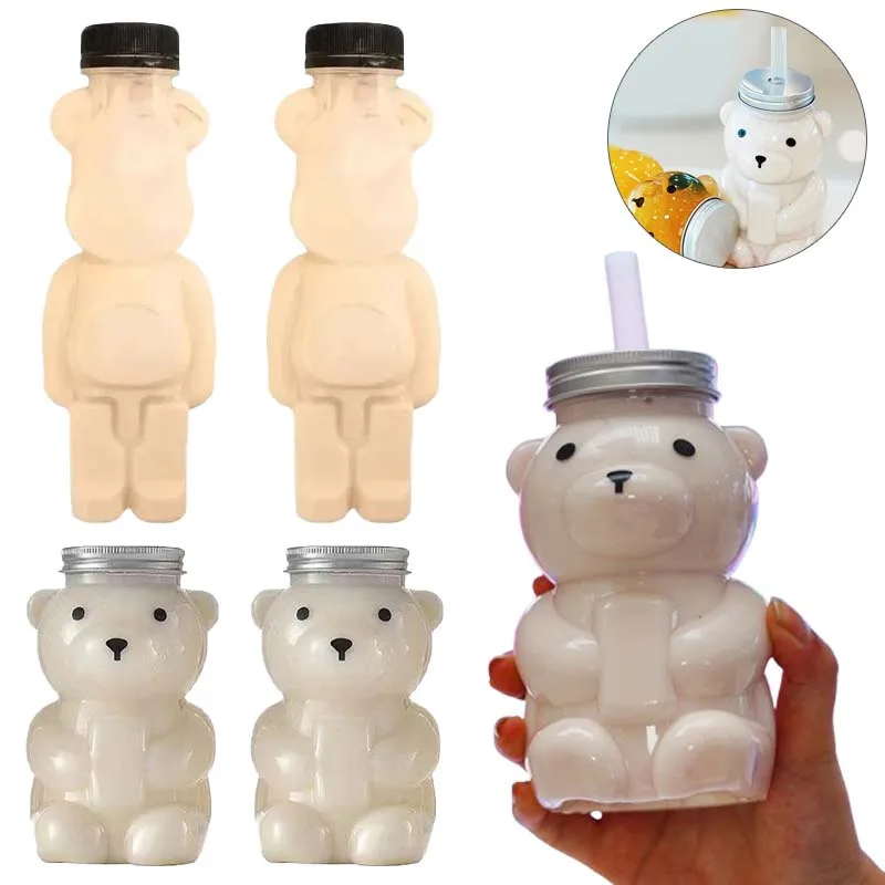 Botellas transparentes portátiles de oso de dibujos animados, 1-10 Uds., 500ml, bonitos contenedores de bebidas para llevar, suministros para fiestas de jugo de té de burbujas