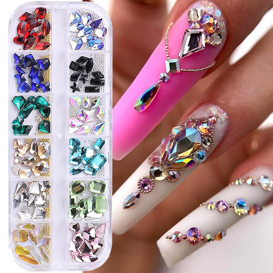 12 Grids Mixed Shape Luxury Nail Art Rhinestones AB White Champagne Crystal Flatback Gems With Steel Beads Manicure Accessories