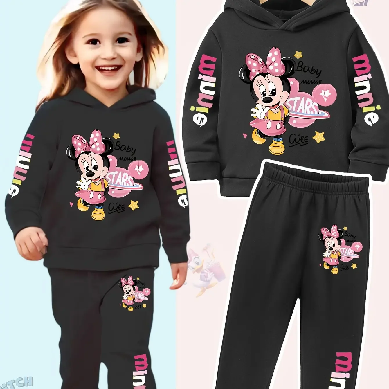 Disney Girls' Minnie Mouse Hoodie & Pants Sweatsuit Set with Mickey Ears & Polka Dots, Soft Stretchy Fabric