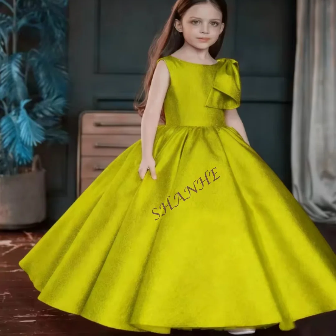 맞춤형 꽃 소녀 드레스 튤 소재 민소매 풍성한 리본 발목 길이 어린이 성찬식 파티 드레스 소녀용
