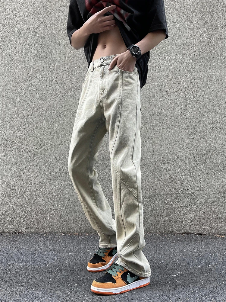 American High Street Men's Jeans Autumn Trendy Hiphop Versatile Loose Straight Leggings Mud Yellow Washed Retro Pants