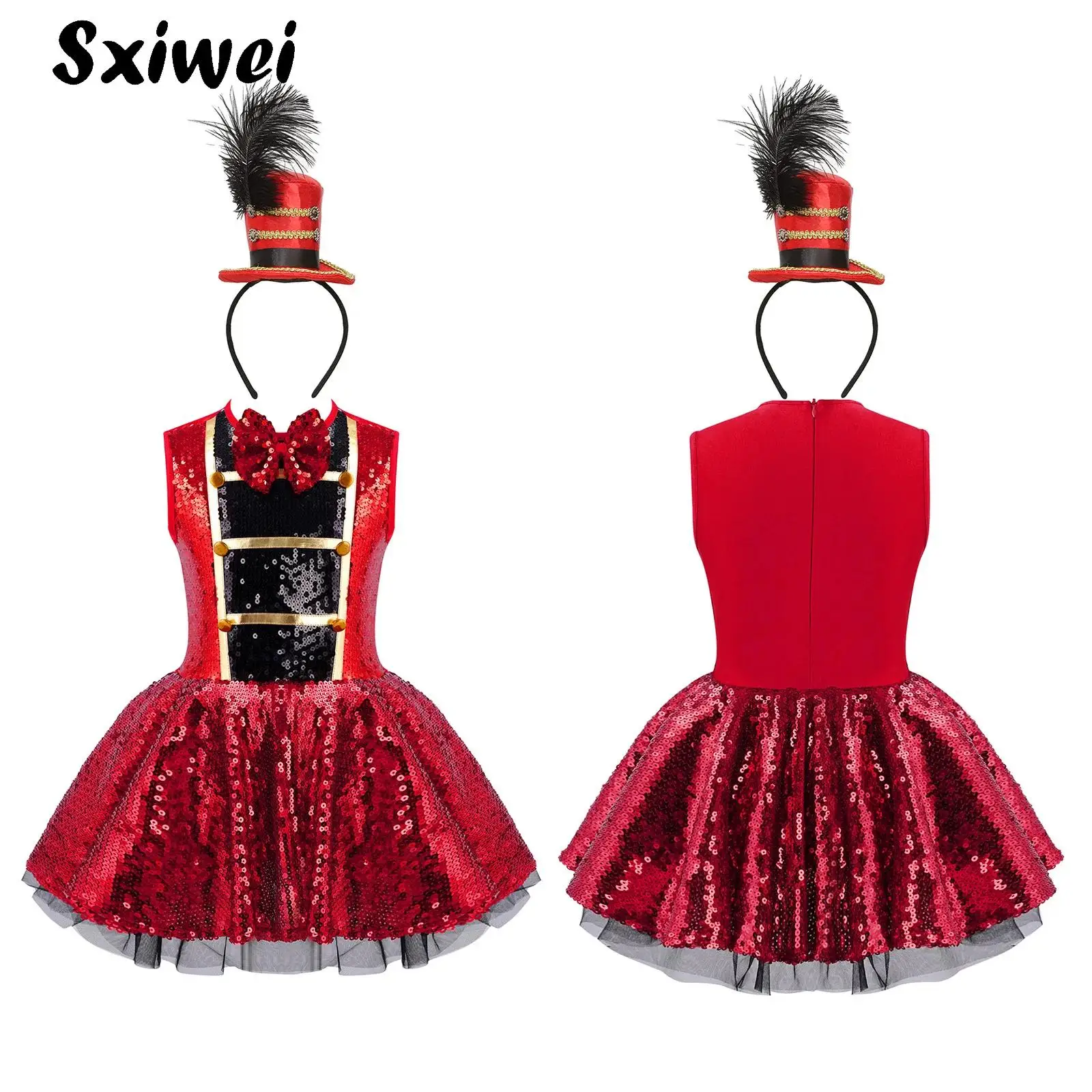 

Girls Halloween Circus Ringmaster Cosplay Costume Sparkly Sequin Tutu Leotard Dress Feathered Min Hat Drum Marching Fancy Outfit