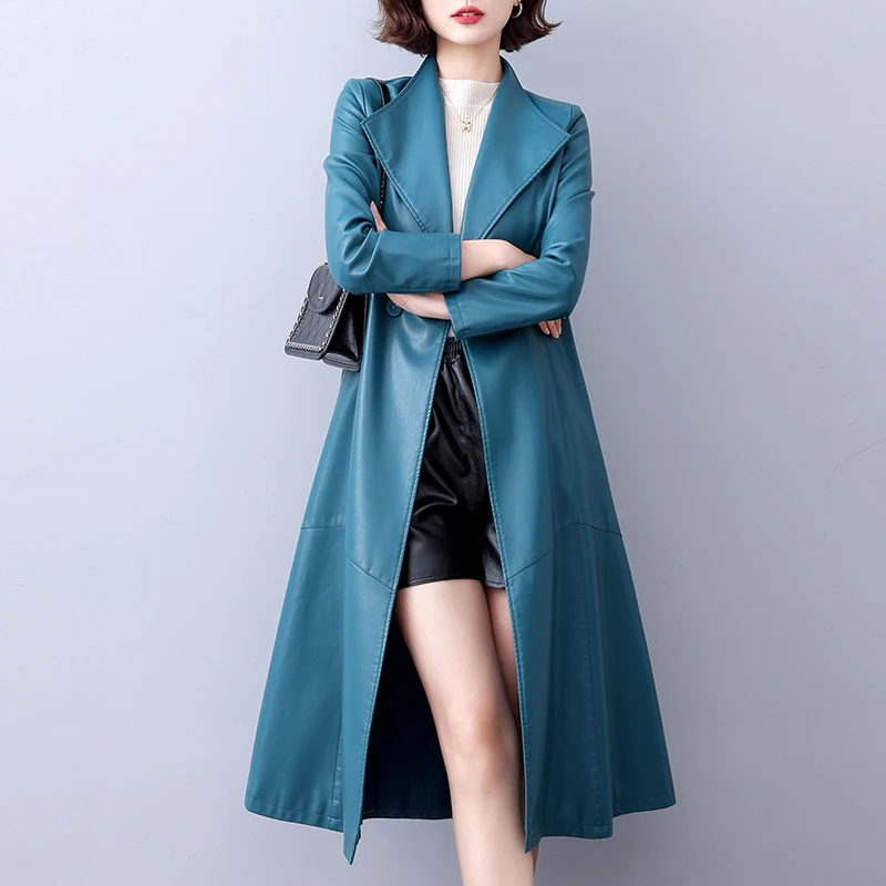 M-5XL 2024 Fall Winter Split Leather Long Trench Coats for Women Chic Lace-up Belt Ladies Lapel Collar Slim-fit Sheepskin Coats