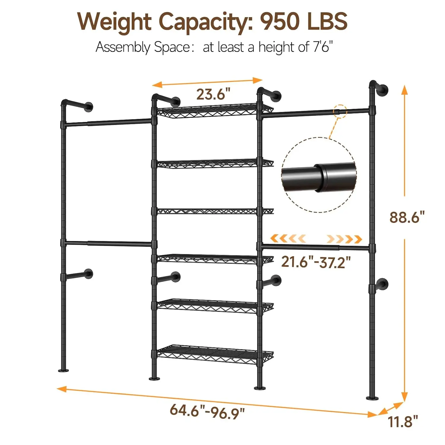 Expandable Wall Mounted Closet System Heavy Duty Clothing Rack Metal Garment Storage Organizer Bedroom Wardrobe, Customized