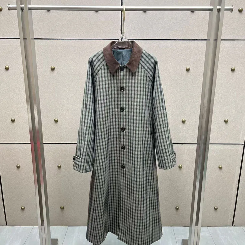 2026, New Women's Corduroy Square-Neck Checkered Trench Coat, Single-Breasted Extra-Long Jacket, High-Quality Coat, Y2K