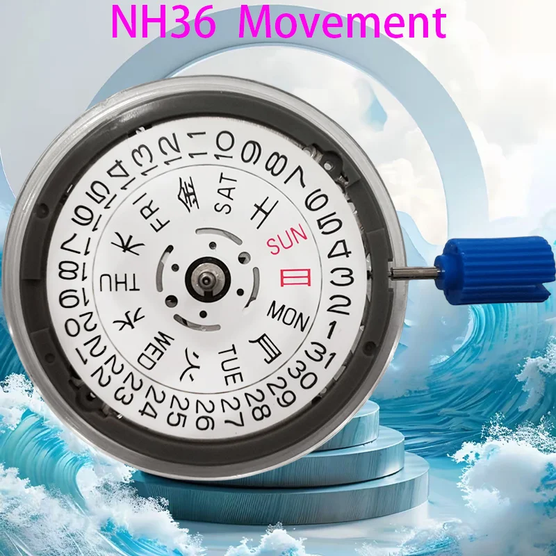 Japan Genuine NH36 Movement Multilingual Datewheel Crown at 3.0/3.8/4.1/O'clock NH36A Movement Day-Date at 3:00 Black/White Disc image 5