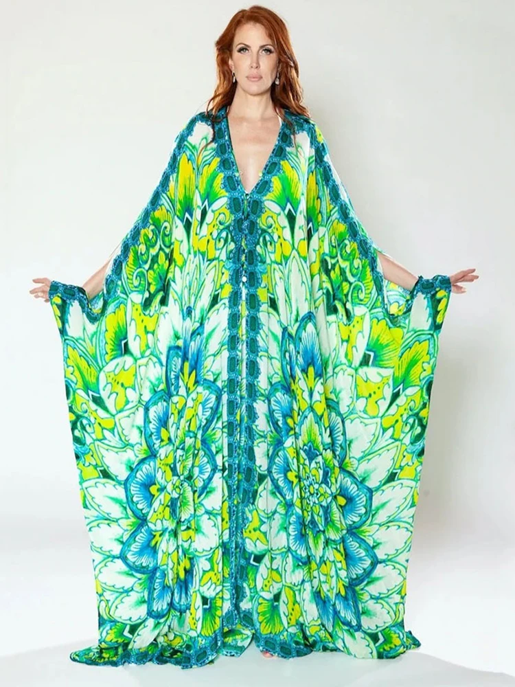 

2023 Over size Chiffon Maxi Dress Boho Beach Cover up Print Women Summer Long Dress Robe De Plage Kaftan Pareos Dress Beachwear