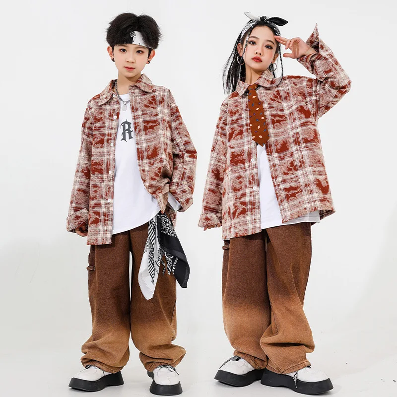 Costumes de danse de rue Hip Hop pour enfants, chemises à carreaux adt, pantalons baggy, streetwear pour adolescents, vêtements de scène jazz pour filles et garçons