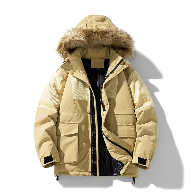 Men Parkas Jacket Winter Vintage Patchwork Stand Collar Male Down Coat Thicken Long Sleeve Detachable Hooded Man Outerwear