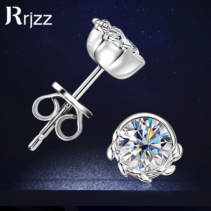 

Rrjzz 925 Sterling Silver Fashion Olive Leaf Shaped Stud Ear 5mm Round Moisanne Solitaire Women Earrings VVS1 with Certificate