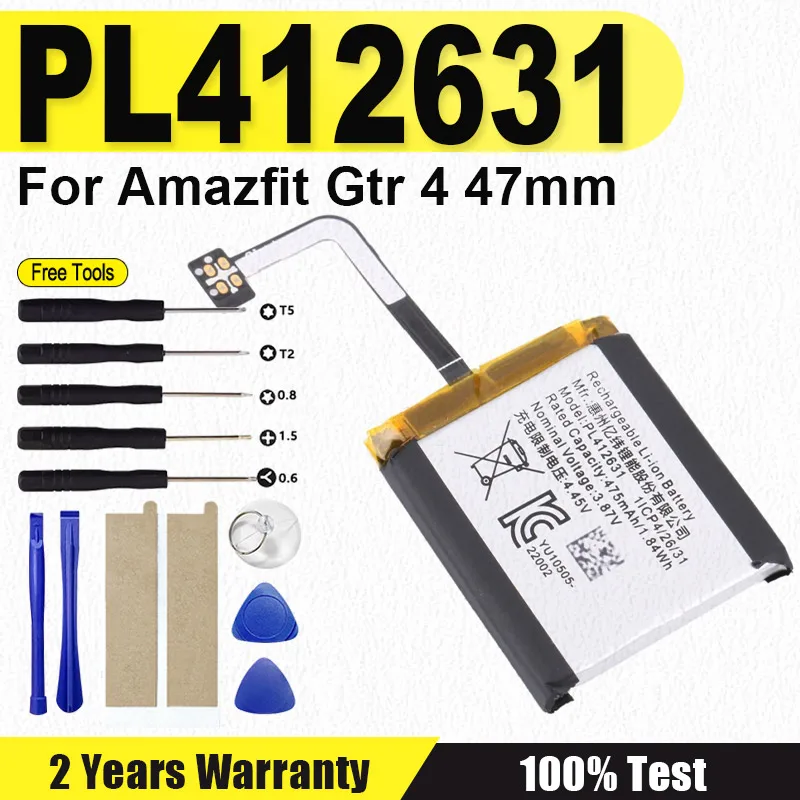 

New PL412631 Replacement Battery For Amazfit GTR 4 47mm 475mAh Watch Battery Repair Replacement Part A2165 A2166 +Free Tools